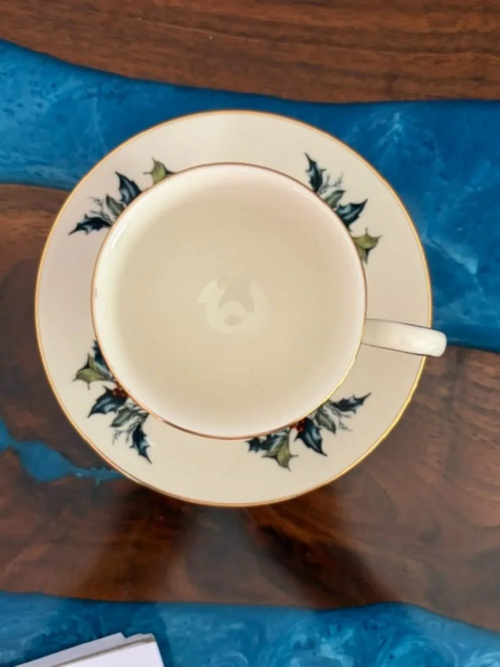 Lenox 1995 Winter Greetings Cup Saucer Set Holly Red Ribbon Coffee Teacup
